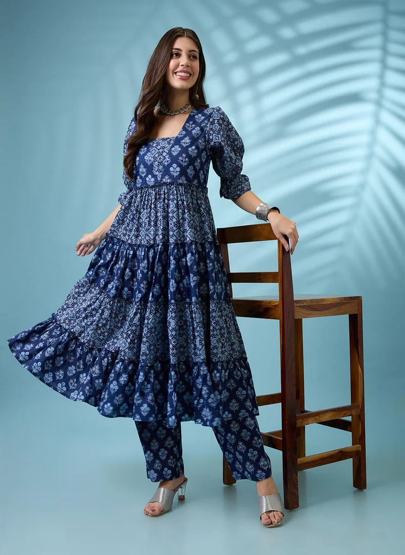 globus Globus Women Blue Square Neck Puff Sleeves Ethnic Print Tiered A-Line Kurta With Straight Pants Set